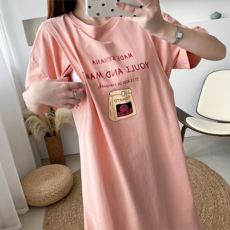 哺乳连衣裙夏季短袖宽松大码中长款产后宝妈母乳喂奶衣孕妇裙T恤