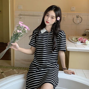 孕妇连衣裙夏装新款宽松短袖裙女条纹胖mm显瘦洋气减龄上衣服潮