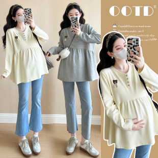 韩版 休闲长袖 宽松娃娃衫 长袖 大码 T恤遮肚孕妇装 孕妇上衣春秋新款