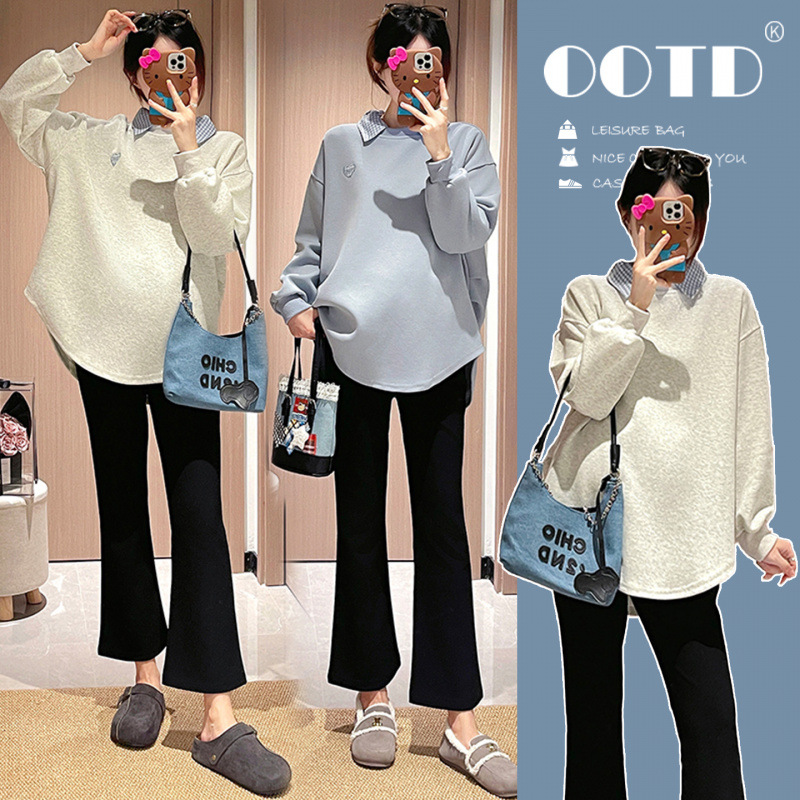 孕妇装秋季上衣洋气时髦格子领卫衣设计感遮肚显瘦假两件孕妇卫衣