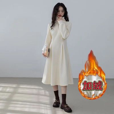 连衣裙加绒加厚polo领华夫格连衣裙女冬装收腰显瘦中长款长袖裙