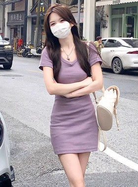 紫色包臀连衣裙女掐腰修身紧身性感辣妹绝美短裙子小个子新款裙子