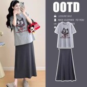 夏 慵懒风孕妈高级穿搭纯棉t恤上衣半身裙两件套时尚 孕妇装 夏套装