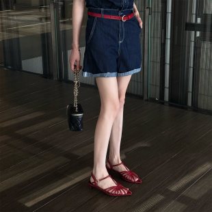 【小发喵】复古细跟镂空百搭凉鞋夏季低跟尖头显瘦百搭红色时装鞋