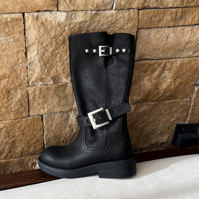 【小发喵】复古皮带扣中筒靴头层牛皮显瘦粗跟套筒马丁靴骑士短靴