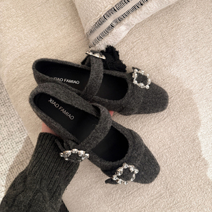 【小发喵】内增高毛绒玛丽珍鞋女一字扣带水钻方头粗跟加绒单鞋