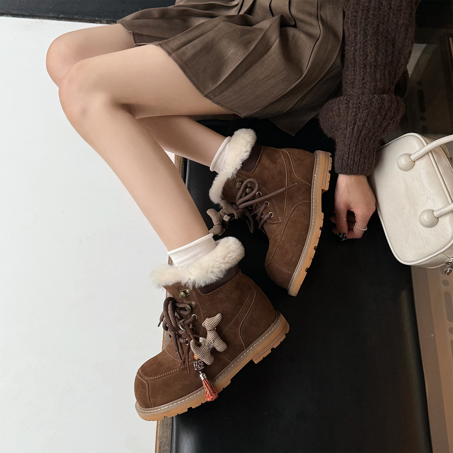 【小发喵】可爱小熊雪地靴女2025年冬季新款加绒加厚保暖棉鞋短靴