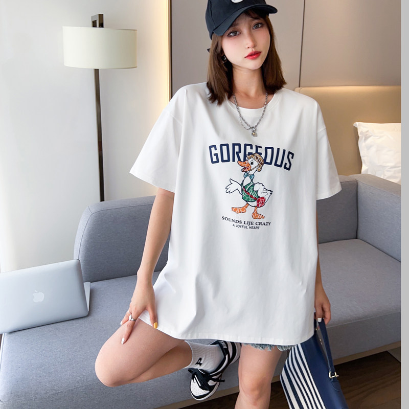 加长包臀纯棉短袖T恤刺绣印花女简约休闲半袖百搭白色黑色加肥