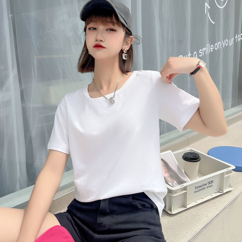 打底衫内搭显瘦白色夏季正肩短袖T恤女休闲百搭上衣体恤纯棉薄款