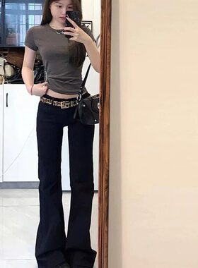新款辣妹黑色美式复古喇叭裤微喇显瘦腿长黑色百搭牛仔微喇裤子