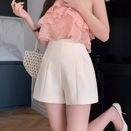夏季设计感后拉链短裤女薄款显瘦休闲阔腿裤黑色西装A字短裤外穿