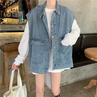马甲宽松上衣慵懒风 原宿风复古新款 牛仔外套女生薄款 无袖 坎肩工装