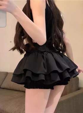黑色褶皱半身裙女夏季高腰显瘦A字裙防走光短裤裙芭蕾风蛋糕裙子