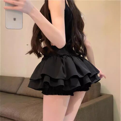 黑色褶皱半身裙女夏季高腰显瘦A字裙防走光短裤裙芭蕾风蛋糕裙子