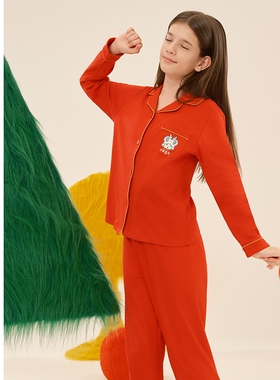 SCHIESSER舒雅童装女童纯棉平安喜乐新年鸿运家居服套装24063H