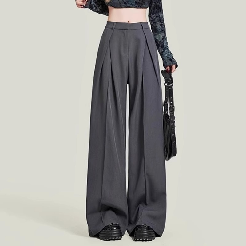 灰色褶皱阔腿西装裤女大