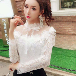 小衫女2023新款时尚蕾丝打底衫女镂空长袖网纱内搭洋气很仙的上衣