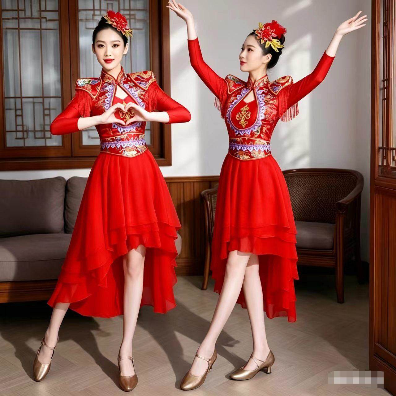 打鼓服演出服女新款喜庆水鼓舞蹈服中国风腰鼓服开门红广场舞服装