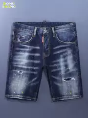 New Arrival Summer 2026 Men's Denim Shorts High-Quality Washed 5-Pocket Patchwork Ripped Trendy Slim Fit Casual Pants