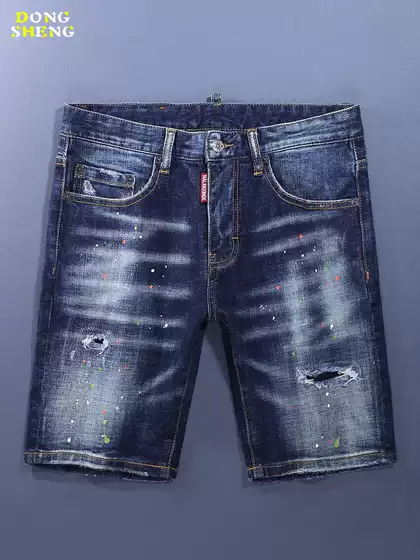 New Arrival Summer 2026 Men's Denim Shorts High-Quality Washed 5-Pocket Patchwork Ripped Trendy Slim Fit Casual Pants