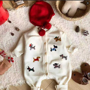 冬款毛衣连体服复古港风春秋哈衣小熊针织爬爬服加厚秋装男童哈衣