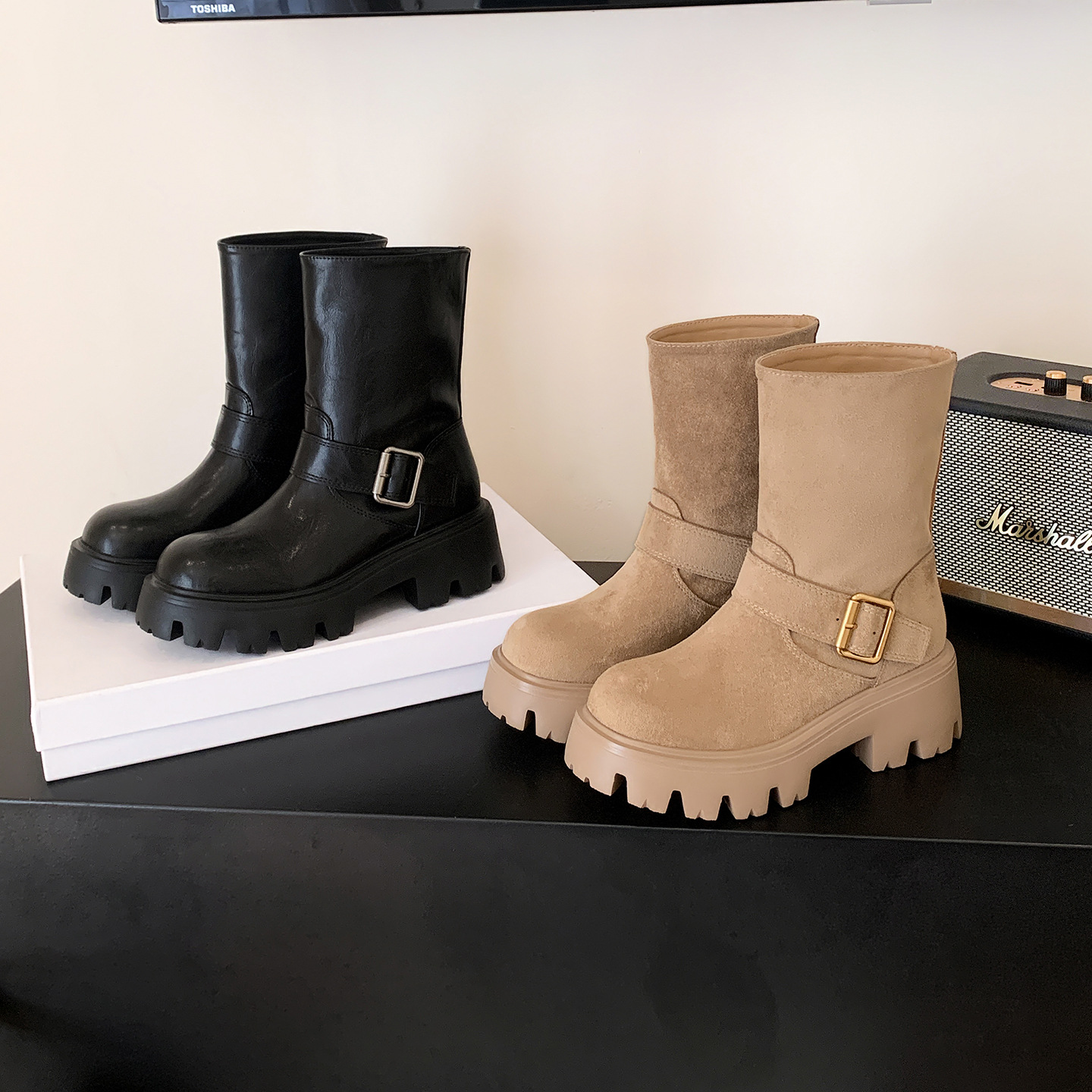 今年流行特惠真皮厚底6cm跟高马丁靴女秋冬新款复古机车皮带扣粗