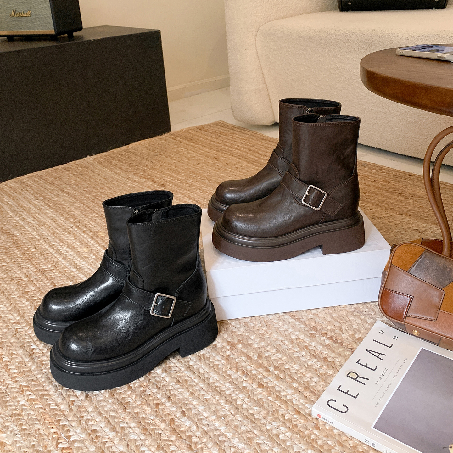 今年流行特惠短靴女潮酷厚底机车女骑士靴时尚百搭女秋冬皮带扣粗