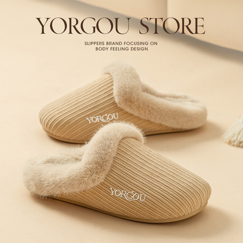 今年流行特惠远港灯芯绒棉拖鞋女士冬季居家用室内防滑加绒保暖毛