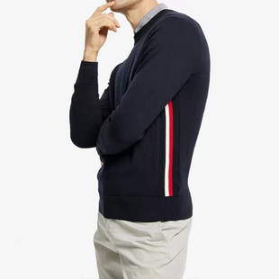 男士秋冬简约圆领纯色针织衫纯棉线衫毛衣套头衫腰红白蓝间色条纹