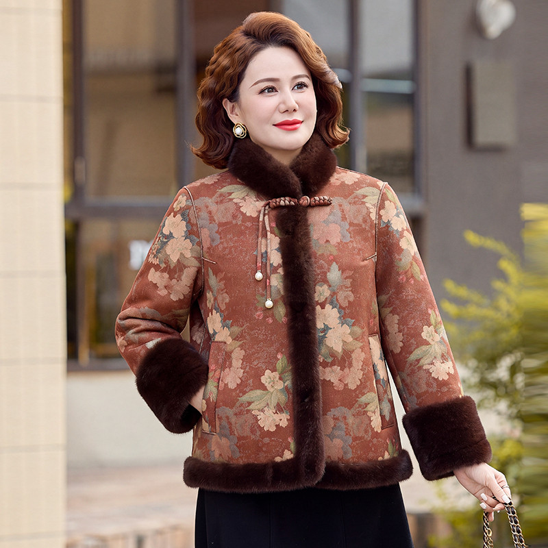 新中式国风妈妈冬装加绒加厚保暖外套中老年女装秋冬季时尚大衣服