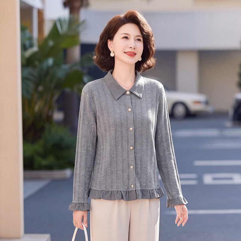 中年女士洋气针织衫薄款翻领假开衫打底衫大码妈妈装遮肉休闲上衣