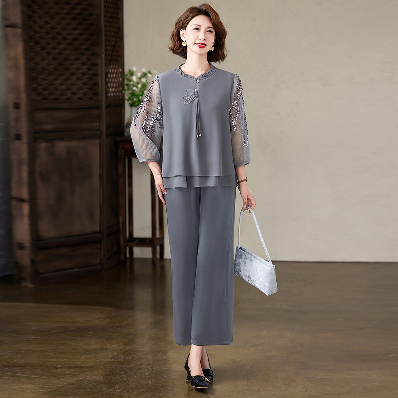 中年妈妈夏装洋气雪纺小衫2026新款中老年女装时尚上衣裤子两件套