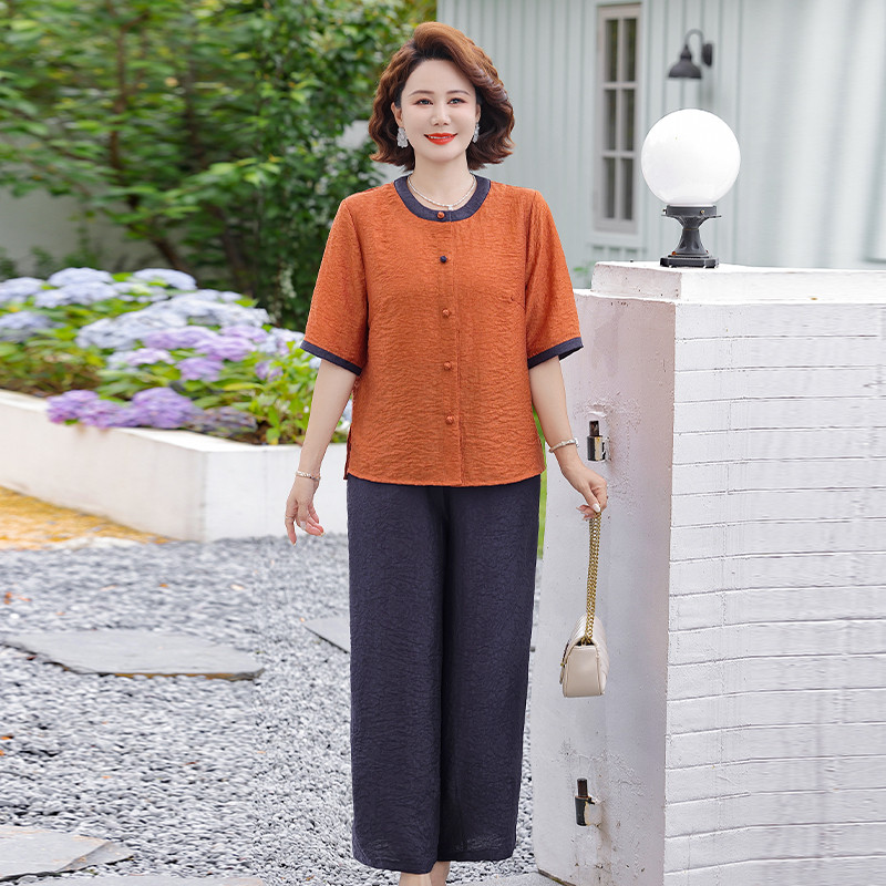 妈妈夏装撞色复古减龄气质两件套
