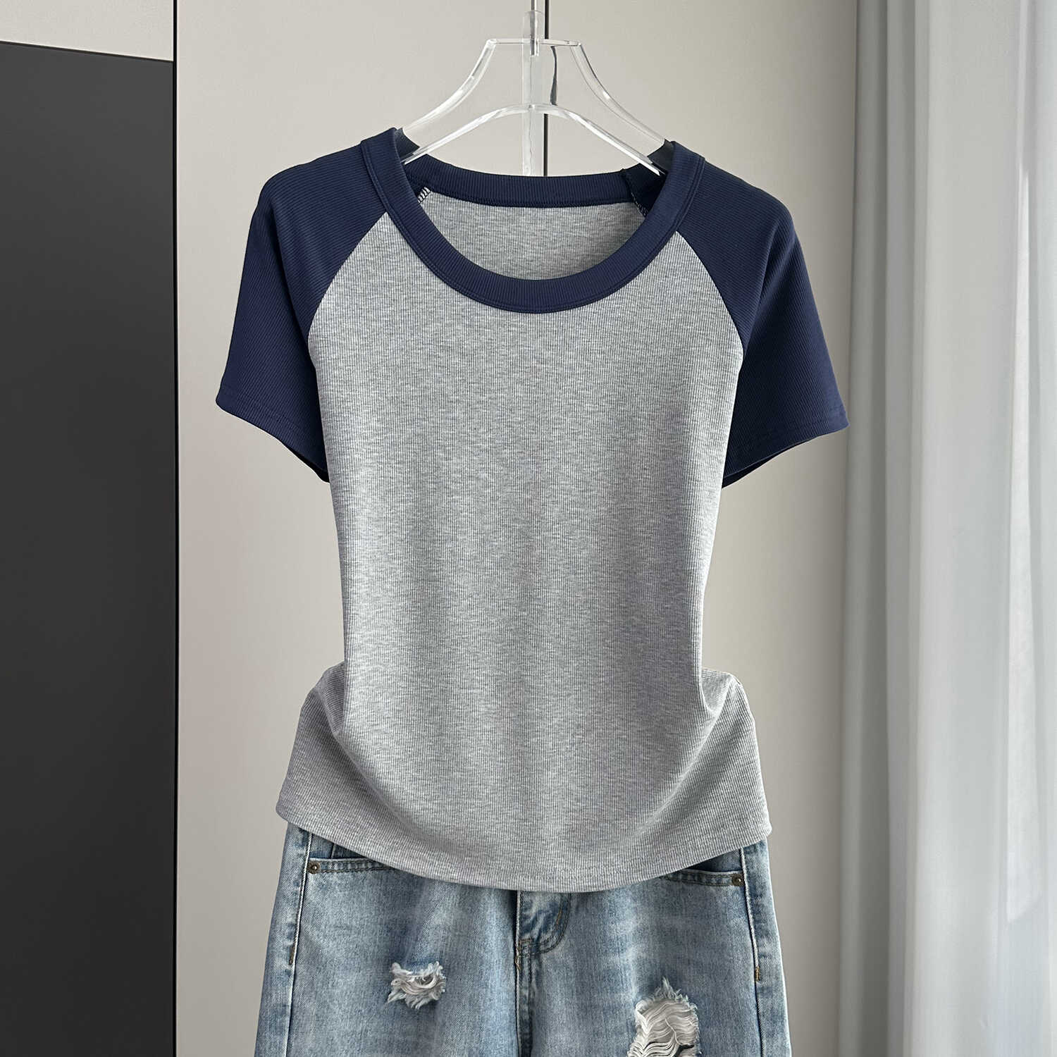 薄款螺纹拼色短袖t恤女夏