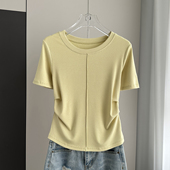 百搭遮肚子显瘦上衣夏潮 女装 正肩螺纹短袖 t恤女圆领拼接洋气大码