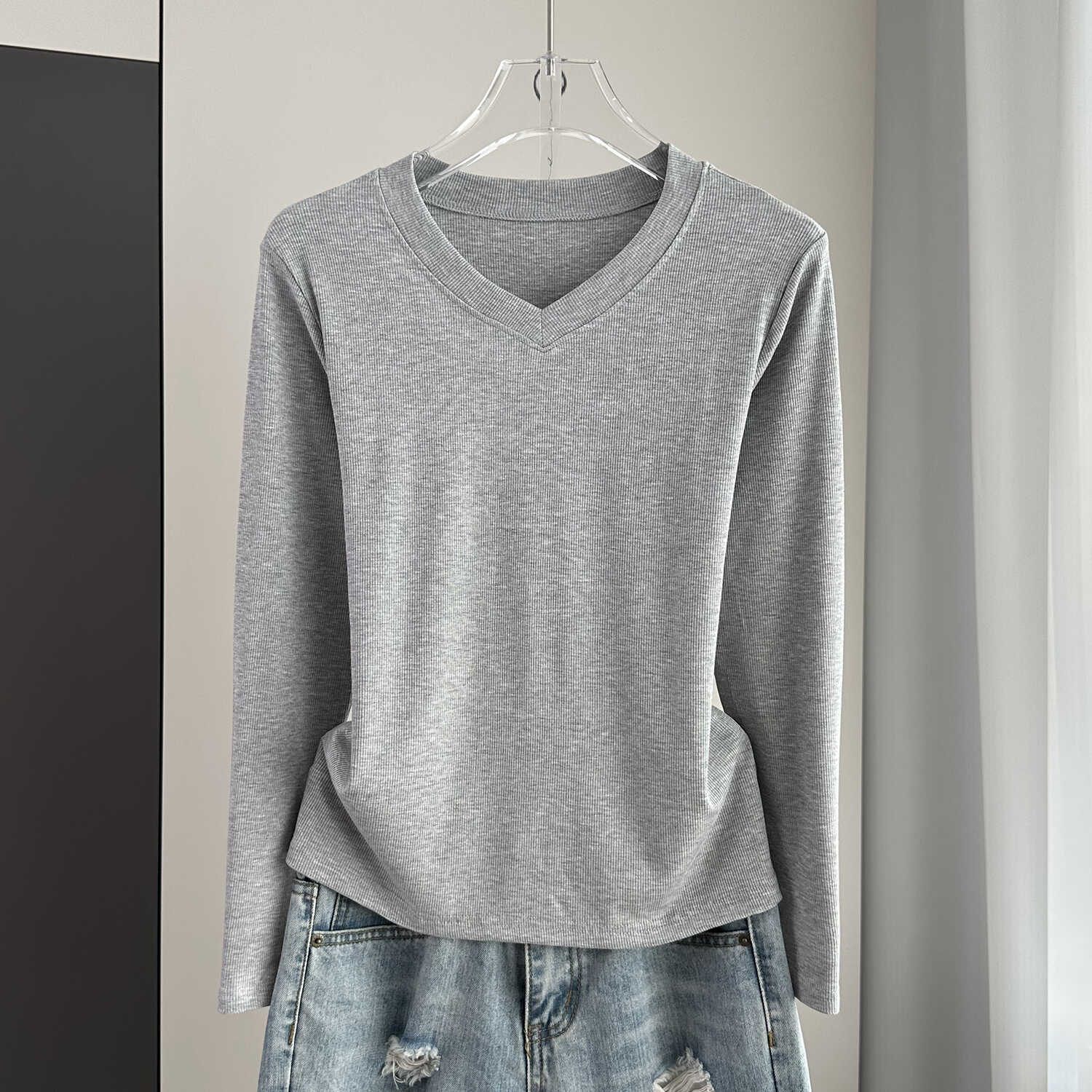 v领长袖t恤女打底衫宽松