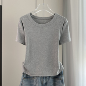 打底衫 莫代尔螺纹休闲宽松上衣体恤黑色基础款 T恤女夏季 正肩短袖