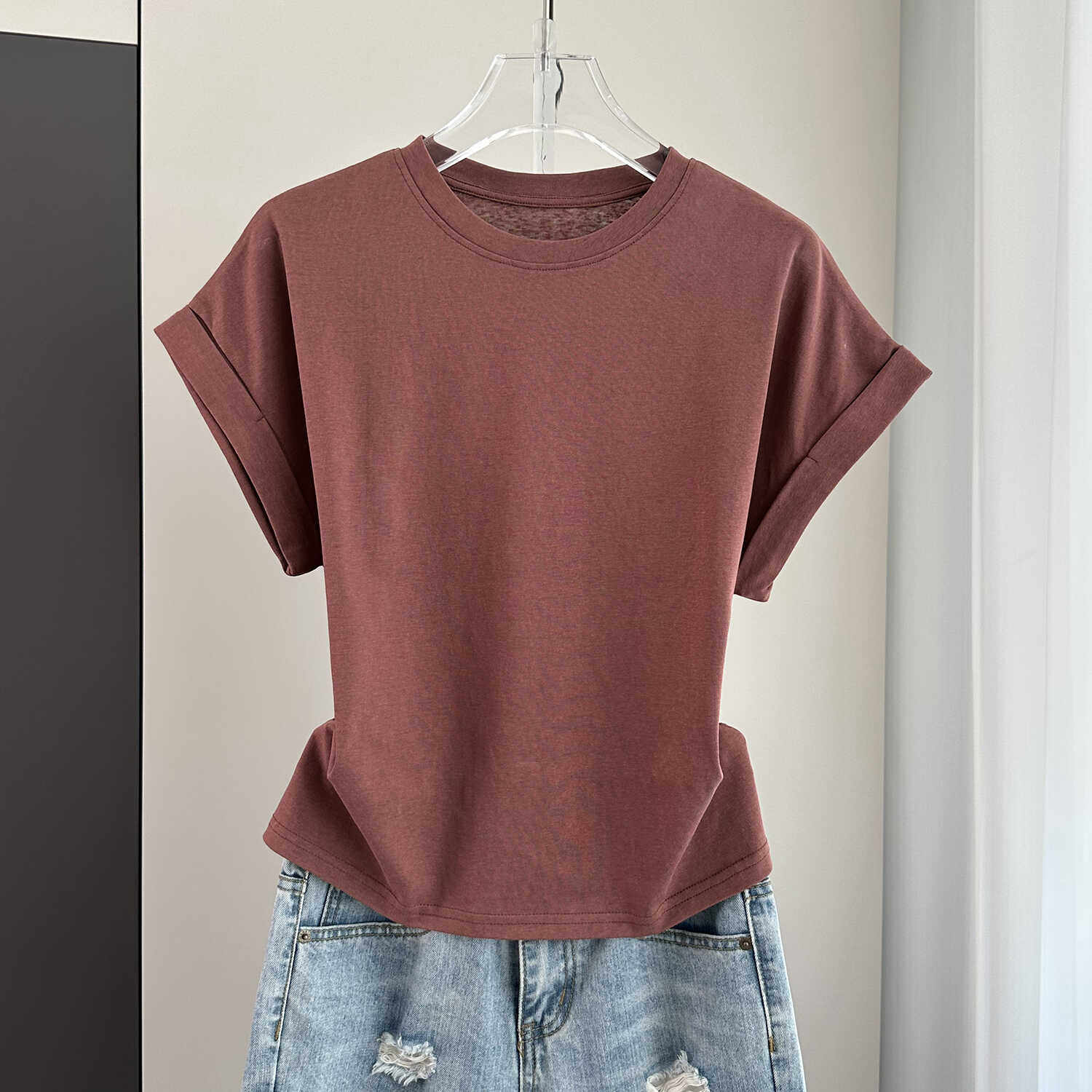 夏季薄款纯棉纯色T恤圆领宽松显瘦遮肉前短后长短袖打底衫上衣女