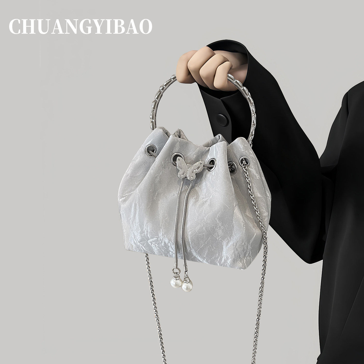 银色水桶包包女式2025新款秋冬链条包轻奢小众高级感新中式斜挎包,箱包皮具/热销女包/男包,水桶包,淘宝优惠券,粉丝福利购,淘宝优惠卷
