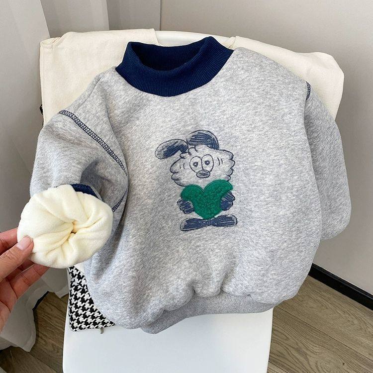 男宝宝加绒卫衣秋冬男童加厚圆领打底衫上衣儿童套头加绒卫衣童装