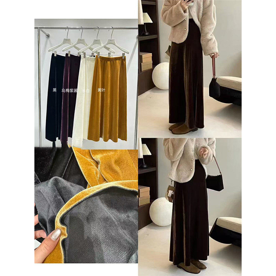 2024冬季加绒高腰显瘦A字慵懒风丝绒质感半身裙女摩登时尚潮流韩