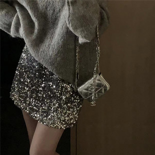 2024秋季灰色黑色亮片短裙A字裙半身裙裙子女时尚百搭欧货潮流a字