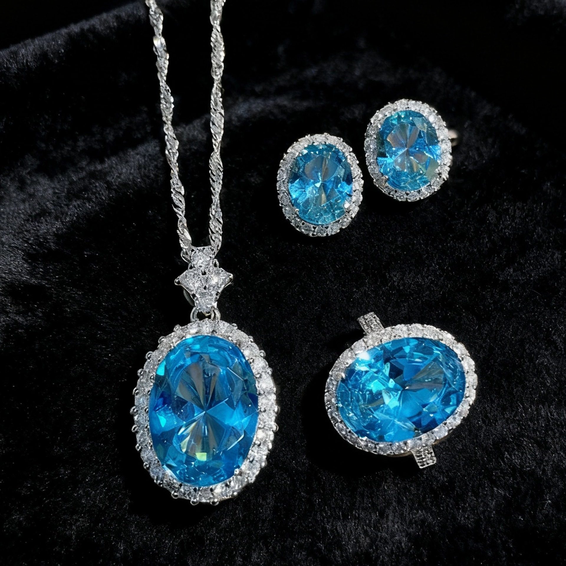 海洋蓝椭圆首饰套装气质优雅项链耳钉戒指三件套宴会通勤百搭饰品,饰品/流行首饰/时尚饰品新,组合套装,淘宝优惠券,粉丝福利购,淘宝优惠卷