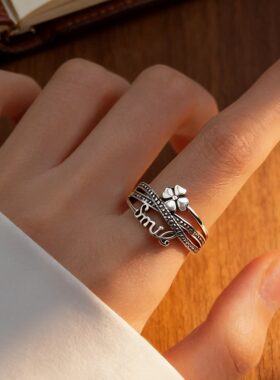 复古做旧四叶草叠戴开口女戒