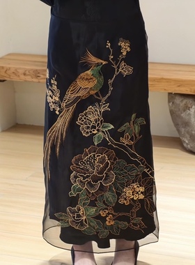 设计师款 26春夏高端面料金翎裙夹重工刺绣牡丹绶带鸟半身长裙女