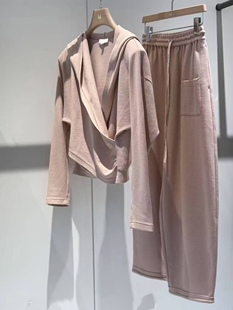 系带休闲运动裤 正版 慵懒松弛简洁气质交叉V领连帽短款 上衣 套装