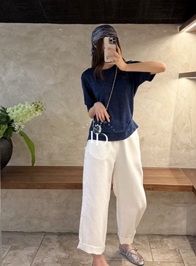 慵懒风针织衫女2026春夏新款宽松显瘦圆领短袖打底T恤九分裤套装