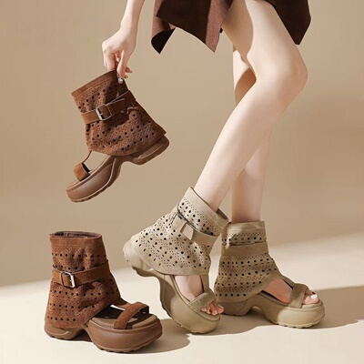 洞网裤管厚底女款时装凉靴26新款夏季松糕罗马凉鞋透气增高短靴子