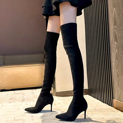 2026新款秋冬显瘦黑色过膝长靴女弹力瘦瘦靴高筒靴长筒尖头高跟鞋