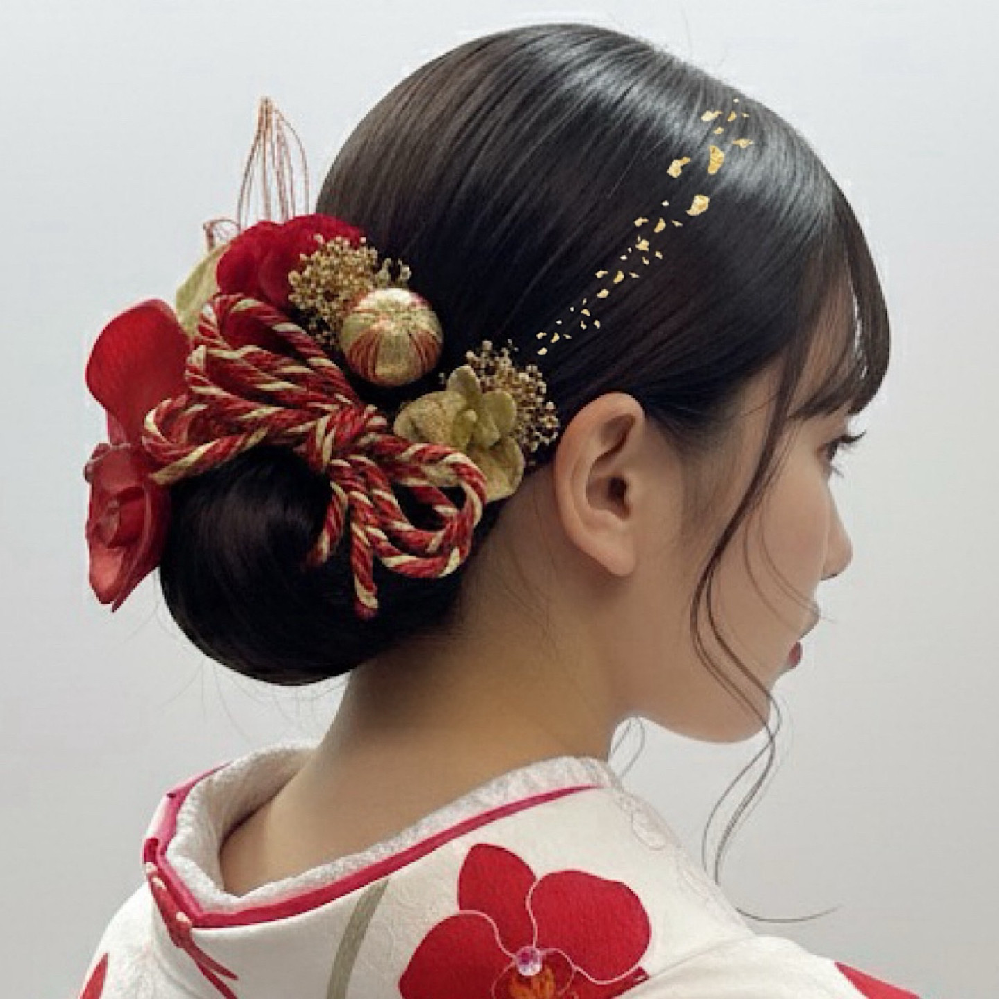 和服发饰头饰发簪发饰红色蝴蝶兰花引水线和玉金色发饰套装